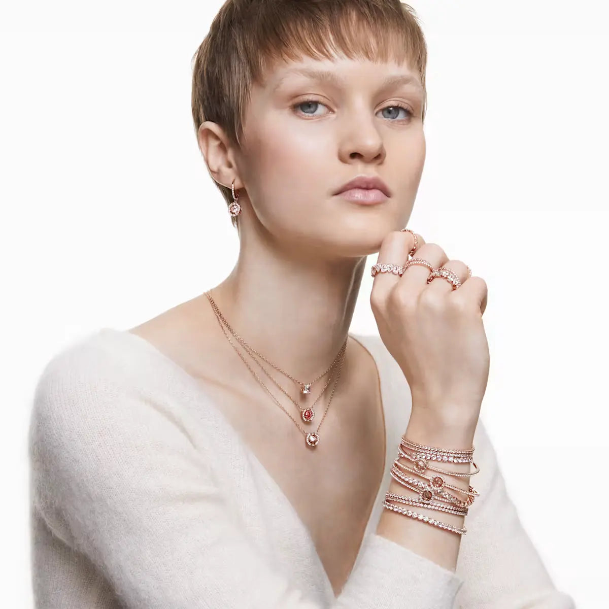 Una bangle Round cut, White, Rose gold-tone plated